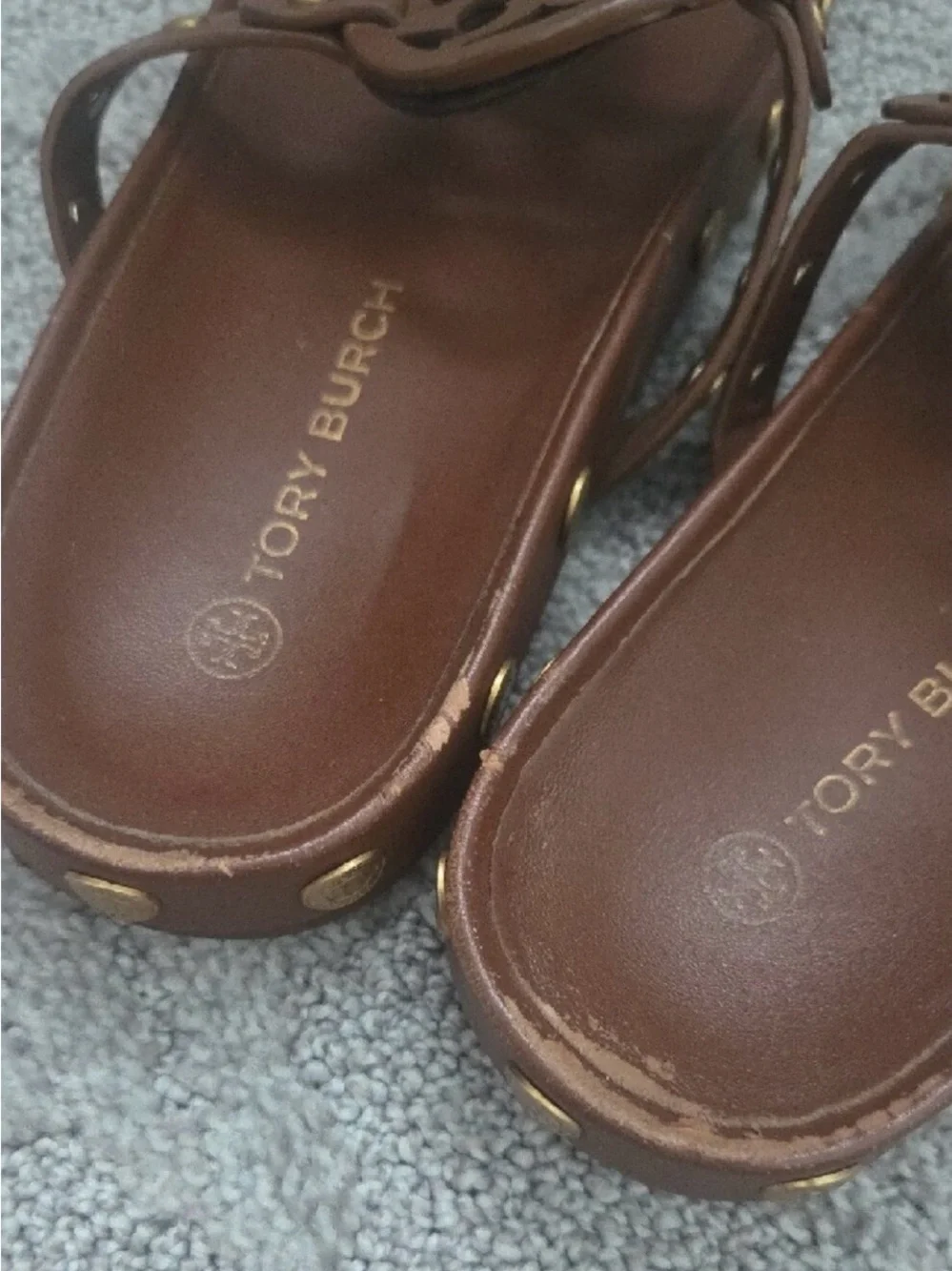 Tory Burch Brown Leather Logo Thong Sandals with Gold Studs